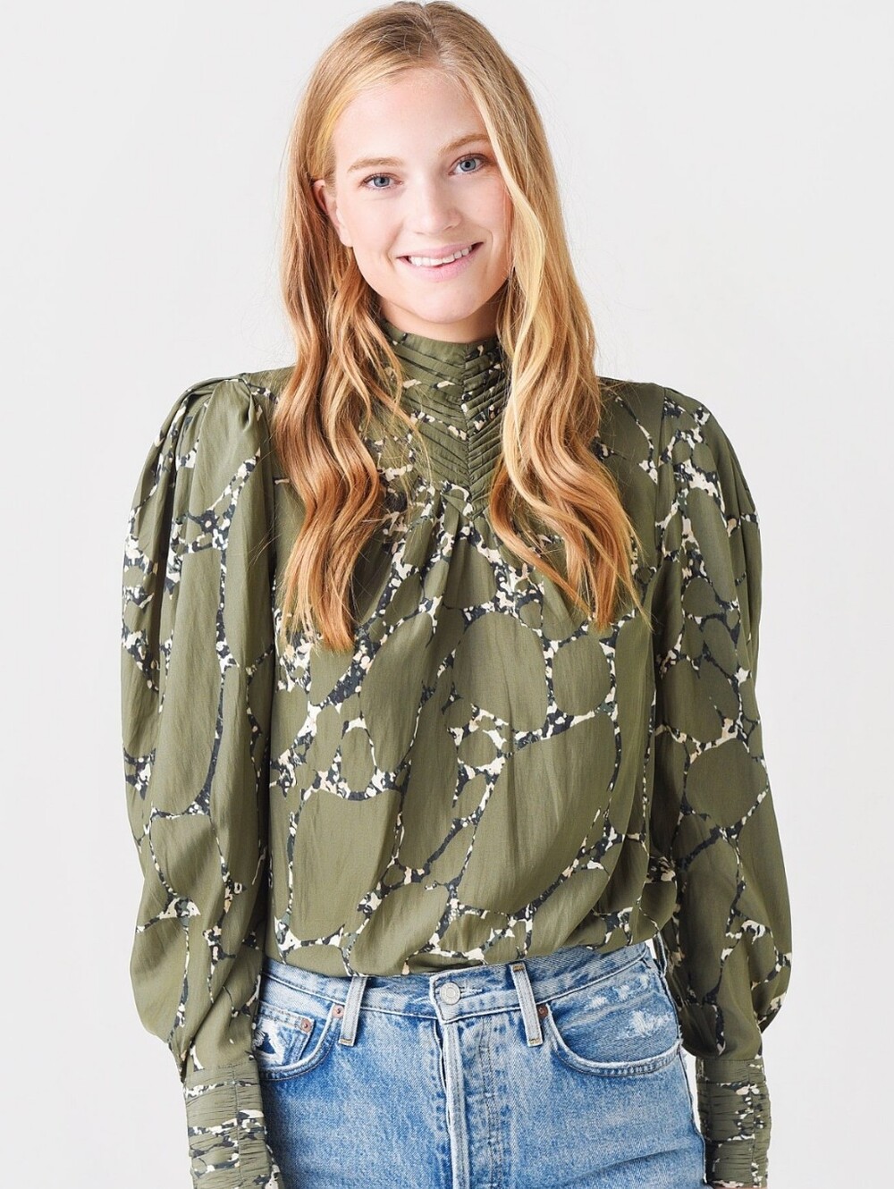 BA&SH Mocean Patterned Kaki Green Marble Medi Skirt & Blouse Set Sz 1/ 4 US